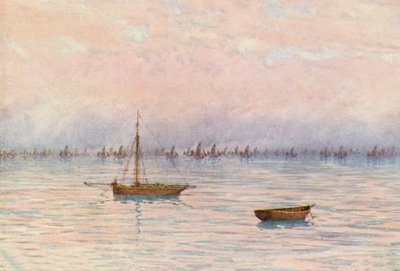 Whitstable Oyster Fleet uddyber ud for Herne Bay (farvelitografi) af William Biscombe Gardner