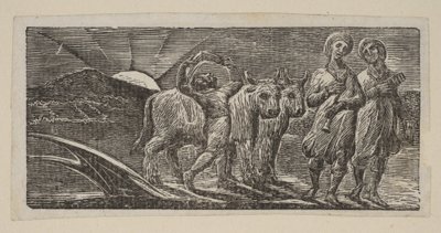 Dreng vender glædeligt tilbage, med plov og okser, fra Thorntons Pastorals of Virgil, 1821. af William Blake