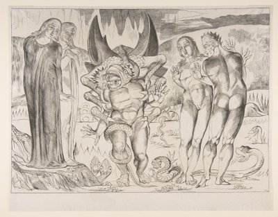 Circle of Thieves: Agnello Brunelleschi angrebet af en seksfodet slange, fra Dan..., ca. 1825-27. af William Blake