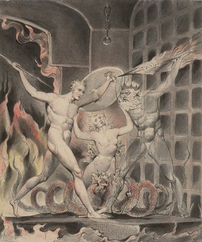 Illustration 2 til Miltons "Paradise Lost": Satan, synd og død: Satan kommer til helvedes porte, 1807 af William Blake
