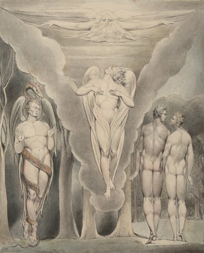 Illustration 4 til Miltons "Paradise Lost": Satan spionerer på Adam og Eva og Rafaels nedstigning til paradis, 1807 af William Blake
