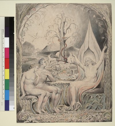 Illustration 6 til Miltons "Det tabte paradis": Raphael advarer Adam og Eva af William Blake