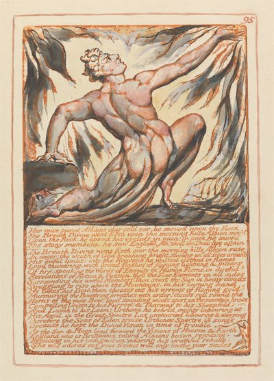 Jerusalem, plade 95, Hendes stemme gennemtrængte Albions lerkoldt øre.... af William Blake