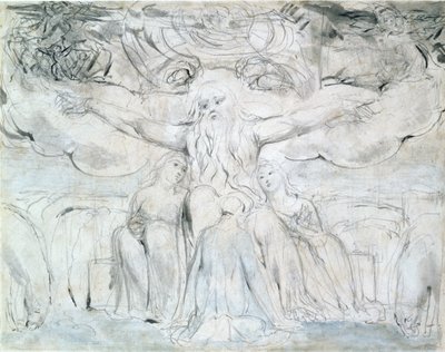 Job og hans døtre (blyant, pen og gråt blæk) af William Blake