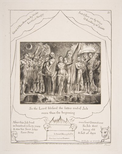 Job og hans hustru genoprettet til velstand, fra Illustrationer af Jobs Bog, 1825-26. af William Blake