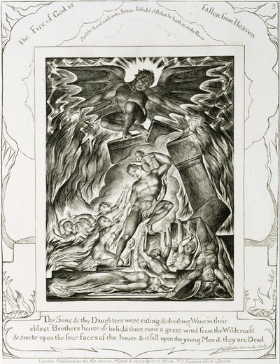 Jobs sønner og døtre overvældet af Satan af William Blake