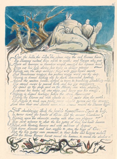 "Über die Hügel, die Täler, die Städte wüten die roten Flammen heftig..." (Platte 18) af William Blake