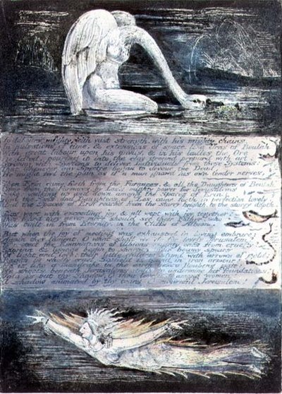 Tavle II, Jerusalem, ca. 1804-20. Albions døtre repræsenteret af svanelignende og fiskelignende væsener af William Blake