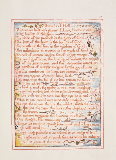Helvedes ordsprog, tekst fra "The Marriage of Heaven and Hell", ca. 1790-3 (reliefætsning udført med pen og wc) af William Blake