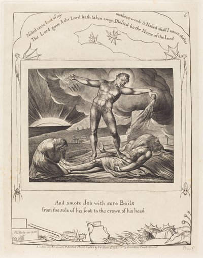 Satan slår job med bylder, 1825. af William Blake