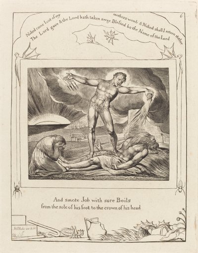 Satan slår job med bylder, 1825. af William Blake