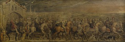 Sir Jeffrey Chaucer (ca. 1342-1400) og de ni og tyve pilgrimme på deres rejse til Canterbury (tempera på lærred) af William Blake