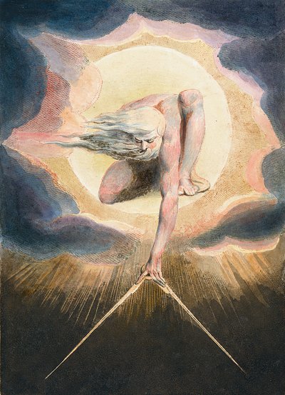 Den Gamle af Dage - Urizen måler den materielle verden ud - Urizen måler den materielle verden. Illustration af forsiden af bogen "" Europa. Til profeti." Tegning af William Blake (1757-1827) af William Blake