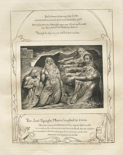 Jobs Bog: Pl. 10, Den retfærdige oprejste mand bliver grinet til hån af William Blake