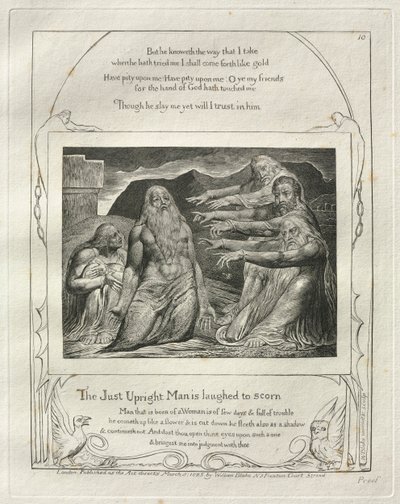 Jobs Bog: Pl. 10, Den retfærdige mand bliver til grin til hån, 1825. af William Blake