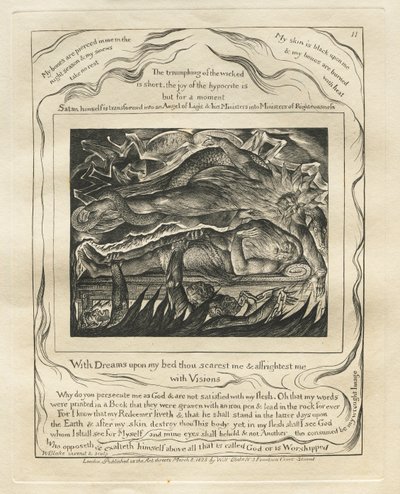 Jobs Bog: Pl. 11, Med drømme på min seng skræmmer du mig og skræmmer mig..., 1825. af William Blake