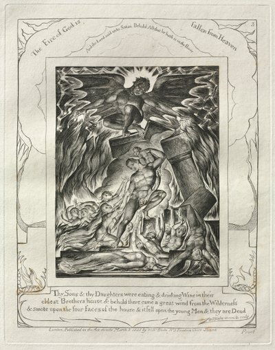 Jobs Bog: Pl. 3, Dine sønner og dine døtre spiste og drak vin..., 1825. af William Blake