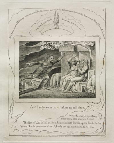 Jobs Bog: Pl. 4, Og jeg er kun undsluppet alene for at fortælle dig, 1825. af William Blake