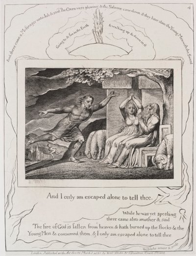 Jobs Bog: Pl. 4, og jeg er kun undsluppet alene for at fortælle dig, 1825. af William Blake