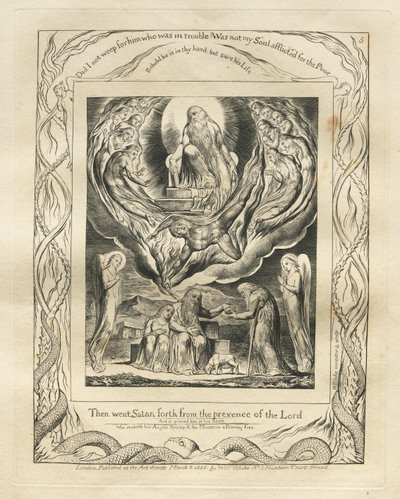 Jobs Bog: Pl. 5, Så gik Satan ud fra Herrens nærhed, 1825. af William Blake