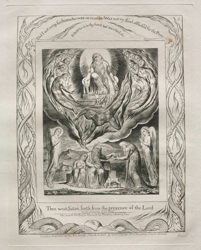 Jobs Bog: Pl. 5, Så gik Satan ud fra Herrens nærhed, 1825. af William Blake