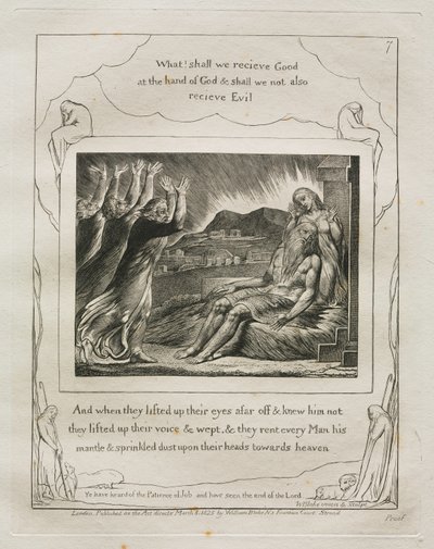 Jobs Bog: Pl. 7, Og da de løftede deres øjne langt væk og kendte ham ikke..., 1825. af William Blake