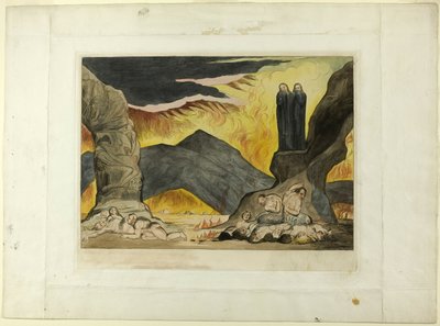 Forfalskernes cirkel: Dante og Virgil dækker deres næser på grund af stanken. Inferno, canto XXIX af William Blake