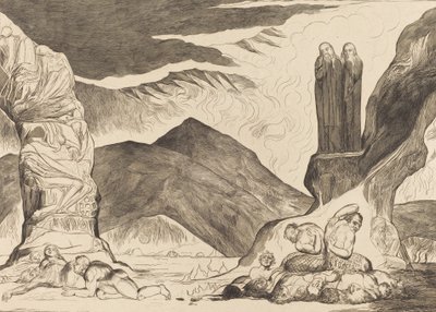 The Circle of the Falsifiers: Dante og Virgil, der dækker deres næser på grund af stanken, 1827. af William Blake