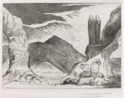 The Circle of the Falsifiers: Dante og Virgil, der dækker deres næser på grund af stanken af William Blake