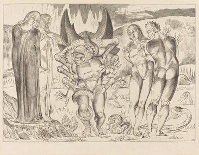 Tyvenes Kreds; Agnolo Brunelleschi angrebet af en seksfodet slange af William Blake