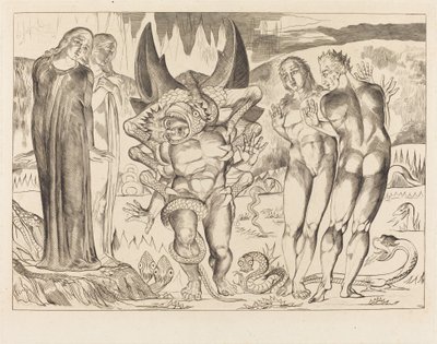Tyvenes Kreds; Agnolo Brunelleschi angrebet af en seksfodet slange af William Blake
