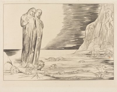 Forrædernes kreds; Dantes fod rammer Bocca degli Abbate af William Blake