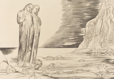 Forrædernes cirkel, Dantes fod, der slår Bocca Degli Abbate, 1827. af William Blake