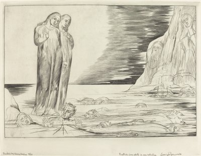 Forrædernes cirkel, Dantes fod slår Bocca degli Abbate, 1827. af William Blake