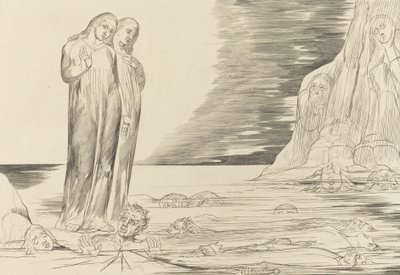 Forrædernes cirkel, Dantes fod slår Bocca degli Abbate, 1827. af William Blake