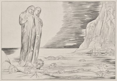 The Circle of the Traitors: Dantes Foot Strriking Bocca degli Abbate, fra Dantes Inferno, Canto XXXII Illustration til Dantes The Divine Comedy af William Blake