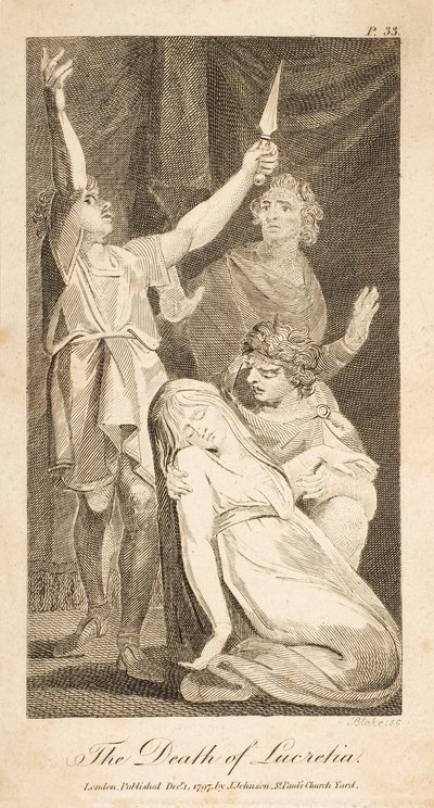 The Death of Lucretia, fra Allens nye og upartiske romerske historie, pub. 1797 (gravering) af William Blake