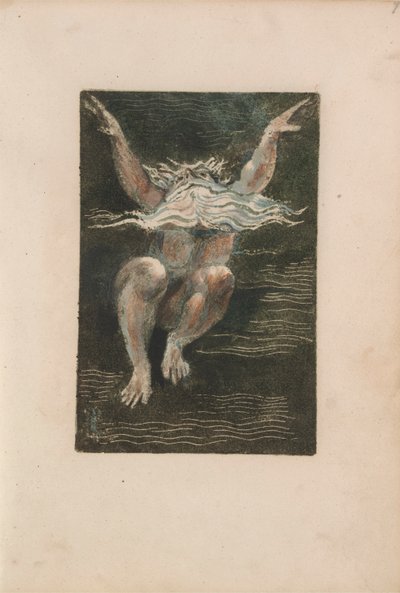 The First Book of Urizen, pl.7 (En nøgen mand med et flydende hvidt skæg, der ser ud til at rejse sig på dybt vand) 1794 (farvetrykt relief radering med wc) af William Blake