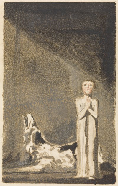 The First Book of Urizen, plade 24, En dreng i en lang kjole, stående med foldede hænder til højre for en hund af William Blake