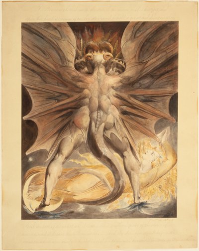 Den store røde drage og kvinden klædt med solen (Åb. 12:1-4), ca. 1803-05 (sort blæk og akvarel over spor af grafit og indskårne linjer) af William Blake