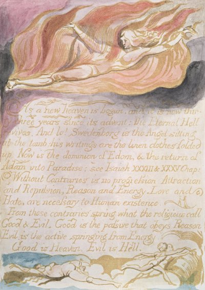 Himlens og helvedes ægteskab; Da en ny himmel begynder, ca. 1790 (reliefætsning farvet med wc) af William Blake