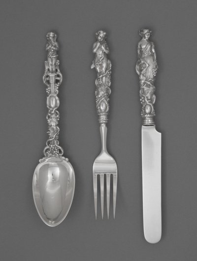 Sæt med børnebestik (kniv, gaffel og ske), ca. 1865-1874 (sølv) af William Bogert