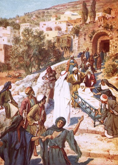 Jesus oprejser en ung mand fra de døde i en by, der hedder Nain af William Brassey Hole