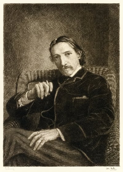 Robert Louis Stevenson (1850-1894) britisk forfatter bedst kendt for sine bestsellerbøger Treasure Island, Kidnapped and the Strange Case of Dr Jekyll and Mr Hyde. Illustration af William Brassey Hole (1 af William Brassey Hole
