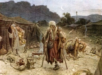 De fire spedalske plyndrer syrernes lejr. - Bibel af William Brassey Hole