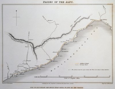 Kort over pas på de maritime alper, kystvejen mellem Genova og Nice, fra Illustrationer af de pas i Alperne, hvormed Italien kommunikerer med Frankrig, Schweiz og Tyskland, af William Brockedon (1787-1854), gravering på kobber, London af William Brockedon