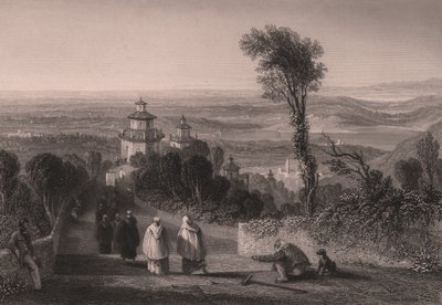 Näkymä Sacro Montesta (Pyhä vuori) Varesessa, Lombardiassa, Italiassa, T Willmoren teräskaiverrus William Brockedonin (1787-1854) piirustuksesta, n. 23x18 cm af William Brockedon