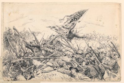 Tegning, Hancocks korps angriber værkerne ved "Bloody Angle", 1887 af William Brooke Thomas Trego
