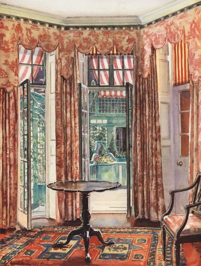 Boligindretning: Et værelse i London i røde toner (farvelitografi) af William Bruce Ellis Ranken