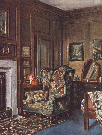 Indretning: Et soveværelse med brune vægge oplivet af lyse farver (farvelitografi) af William Bruce Ellis Ranken